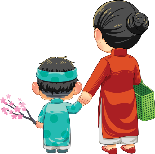 Bà cô, dắt tay em bé, con người, áo dài đỏ, khăn đóng, cành đào, giỏ đi chợ, tết, sau lưng, woman, holding baby hand, human, red ao dai, headbands, cherry blossom branch, market basket, lunar new year, back view