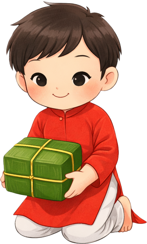 Cậu bé, ôm bánh chưng