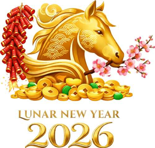 Số 2026, con ngựa, pháo, vàng, hoa đào