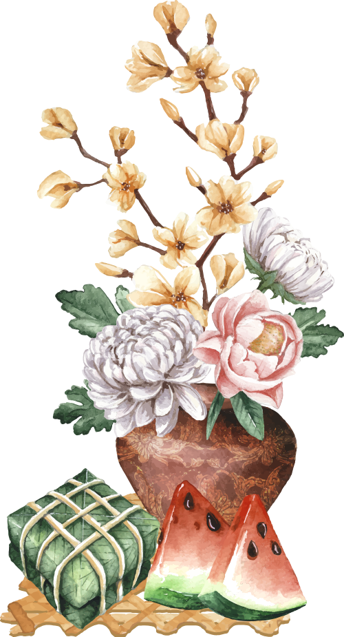 Bình hoa và bánh chưng, tết cổ truyền, dưa hấu, hoa mai, hoa cúc, lọ gốm, trang trí, flower vase and square sticky rice cake, lunar new year, watermelon, apricot blossom, chrysanthemum, ceramic vase, decoration