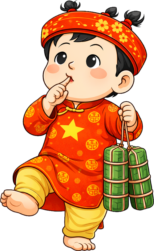 Em bé, đi bộ xách bánh tét, trẻ em, tết nguyên đán, bánh tét, áo dài đỏ, ngôi sao vàng, khăn đóng, truyền thống việt nam, dễ thương, baby, walking with cylindrical glutinous rice cake, children, lunar new year