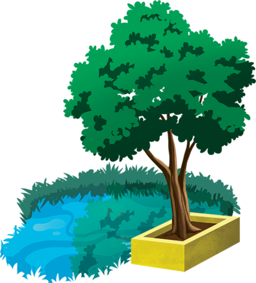 Cây xanh, bồn cây, thiên nhiên, lá xanh, thân cây, thảm cỏ, hồ nước, trang trí, vỉa hè, tree, flower bed, nature, green leaves, tree trunk, grass, pond, decoration, sidewalk