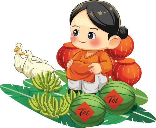 Bà cô, mỉm cười, phụ nữ, dưa hấu, chuối, lá chuối, đèn lồng, tết, vịt trắng, áo bà ba, middle-aged woman, smiling, woman, watermelon, banana, banana leaf, lantern, lunar new year, white duck, baba shirt
