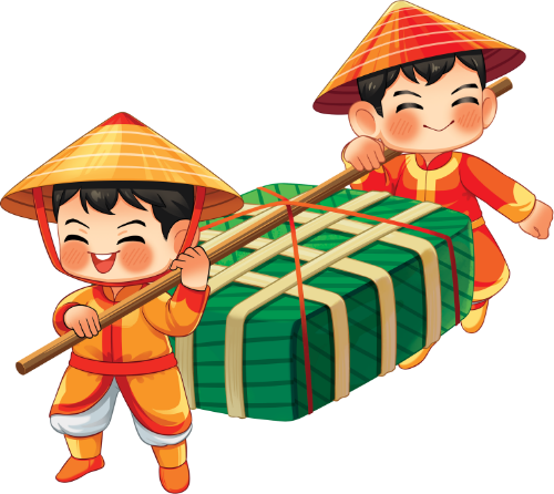 Em bé, khiêng bánh chưng, cổ tích, tết nguyên đán, lễ hội, bánh truyền thống, nón lá, áo dài, vui vẻ, bánh chưng khổng lồ, baby boys, carrying sticky rice cake, fairy tale, lunar new year, festival, traditional cake, conical hat, ao dai, happy, giant banh chung