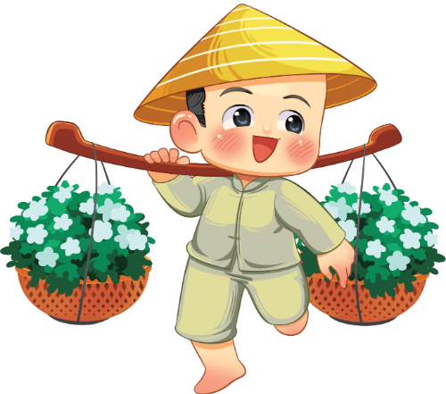 Em bé, đang gánh hoa, con người, vui vẻ, nón lá, áo bà ba, hoa trắng, đòn gánh, chân trần, tết, boy, carrying flowers, human, happy, conical hat, baba shirt, white flowers, carrying pole, barefoot, lunar new year