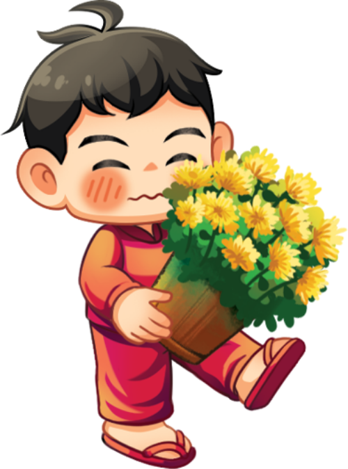 Chàng trai, bưng chậu hoa cúc, đàn ông, áo bà ba cam, quần đỏ, tóc đen, hoa vàng, mỉm cười, boy, carrying chrysanthemum pot, man, orange ba ba shirt, red pants, black hair, yellow flowers, smiling