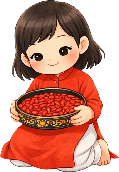 Cô bé, ôm khay mứt