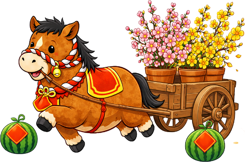 Con ngựa, kéo xe hoa, động vật, ngựa nâu, xe gỗ, hoa mai, hoa đào, dưa hấu, vận chuyển, tết, horse, pulling flower cart, animal, brown horse, wooden cart, apricot blossom, peach blossom, watermelon, transport, tet