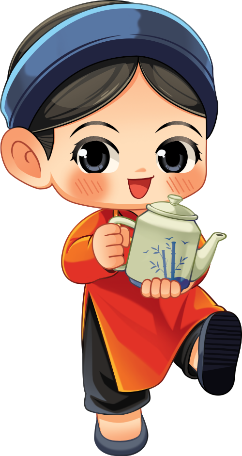 Cô gái, bưng bình trà, phụ nữ, áo dài đỏ, khăn đóng, mỉm cười, họa tiết cây tre, tết, girl, carrying teapot, woman, red ao dai, headscarf, smiling, bamboo pattern, lunar new year 1