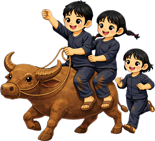 Cậu bé, cô bé, cưỡi trâu