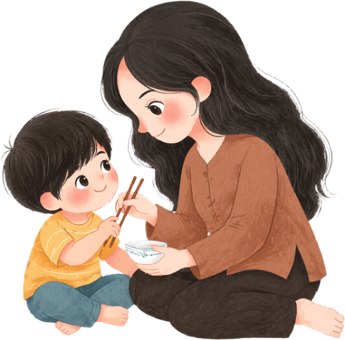 Mẹ, em bé, cầm đũa