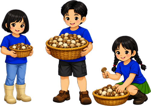 Cô bé, cậu bé, hái nấm