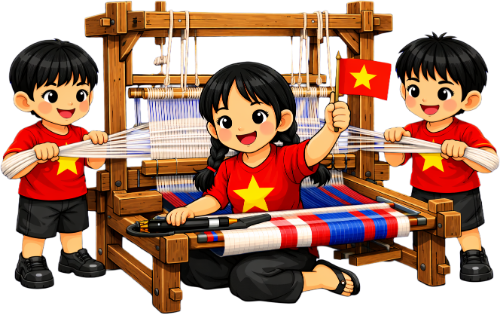 Cậu bé, cô bé, dệt vải