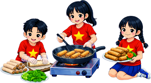 Cậu bé, cô bé, nấu ăn