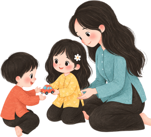 Mẹ, em bé, chia sẻ đồ chơi