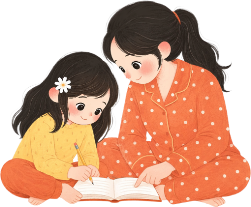 Mẹ, em bé, học bài