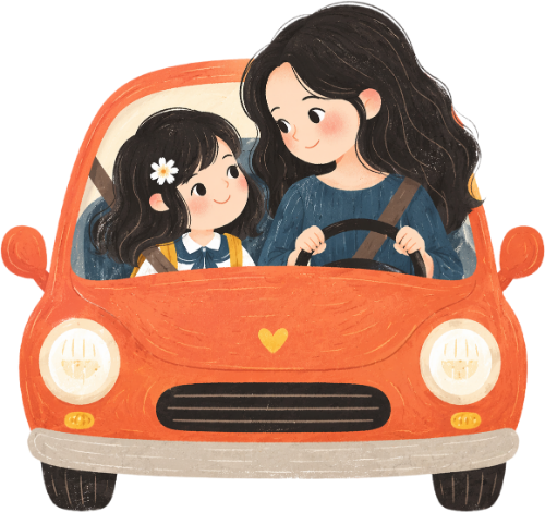 Mẹ, em bé, lái xe
