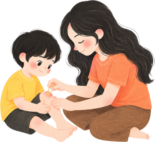 Mẹ, em bé, băng bó vết thương