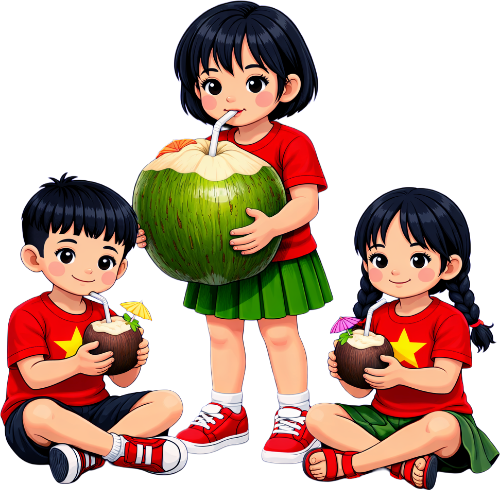 Cậu bé, cô bé, uống nước dừa