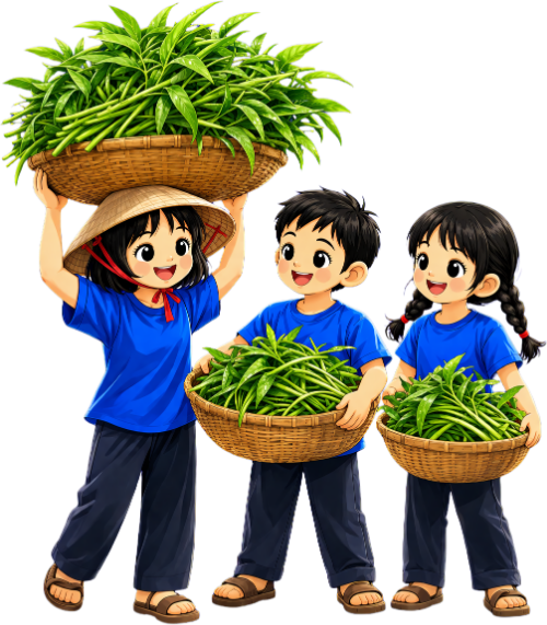 Cô bé, cậu bé, gánh rau