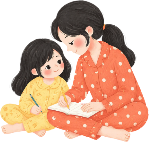 Mẹ, em bé, học bài