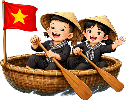 Cô bé, cậu bé, chèo thuyền