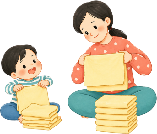 Mẹ và bé, xếp khăn