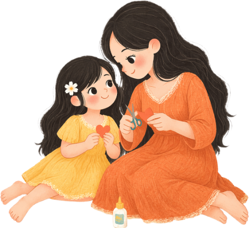 Mẹ, em bé, gấp giấy