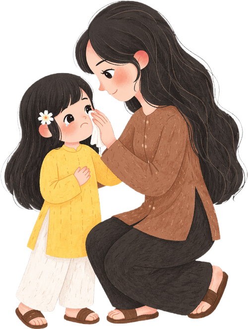 Mẹ, em bé, lau nước mắt 1