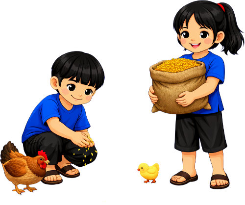 Cô bé, cậu bé, cho gà ăn
