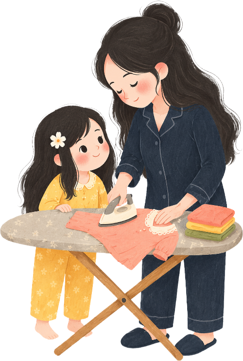 Mẹ, em bé, ủi đồ