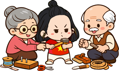 Ông bà, cô bé, vui vẻ