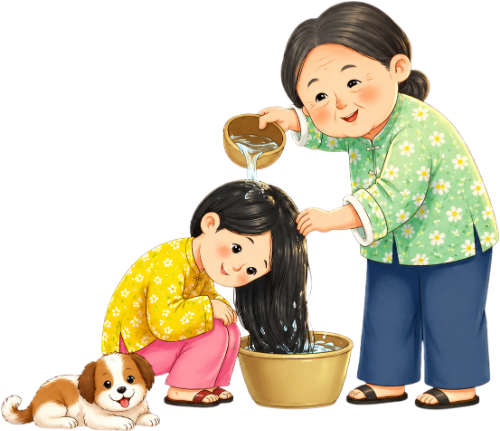 Mẹ và bé, gội đầu