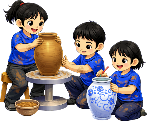 Cậu bé, cô bé, làm gốm
