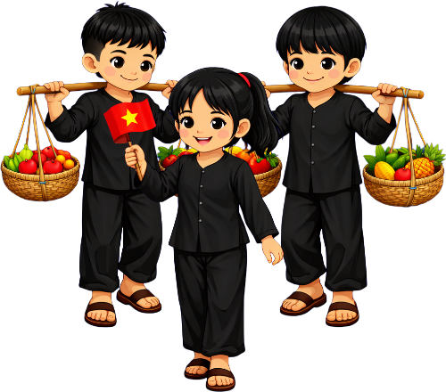 Cô bé, cậu bé, gánh hàng