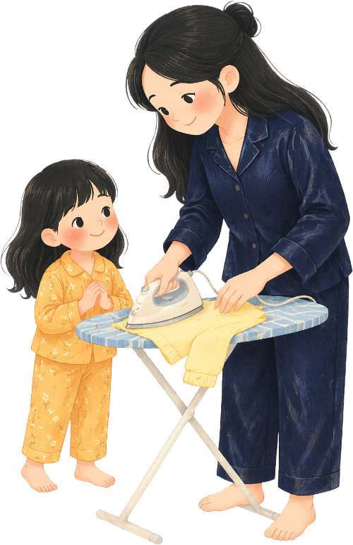 Mẹ, em bé, ủi đồ