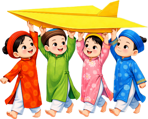 Cậu bé, cô bé, vác máy bay giấy