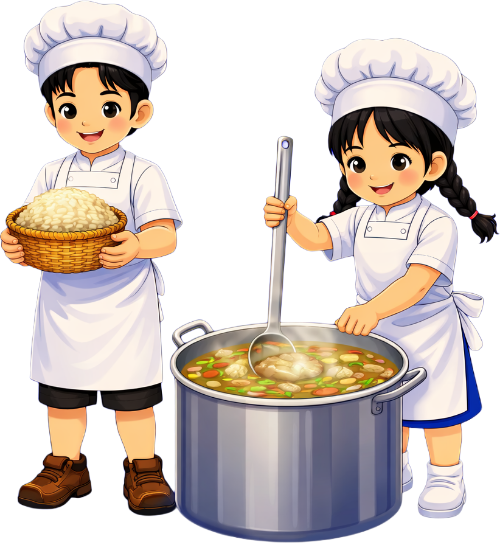 Cô bé, cậu bé, nấu ăn 1