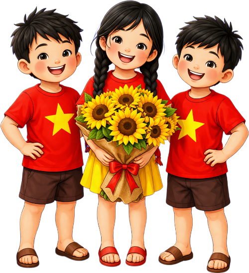 Cô bé, cậu bé, hoa hướng dương