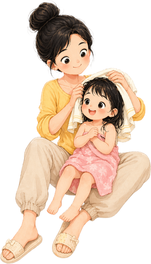 Mẹ, em bé, lau đầu