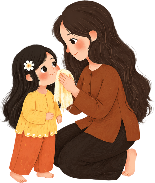 Mẹ, em bé, lau mặt