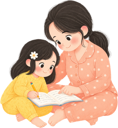 Mẹ, em bé, học bài