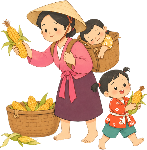 Mẹ và bé, hái ngô