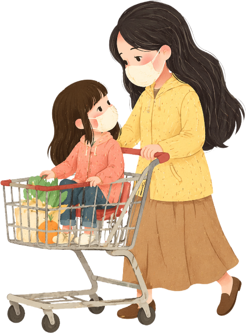 Mẹ, em bé, đi siêu thị