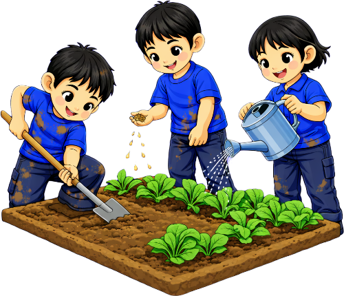 Cậu bé, cô bé, trồng rau