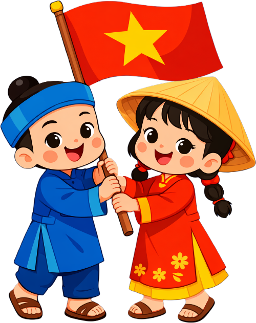 Cậu bé, cô bé, cầm cờ