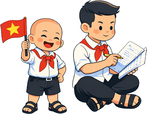 Cậu bé, cầm cờ, đọc sách