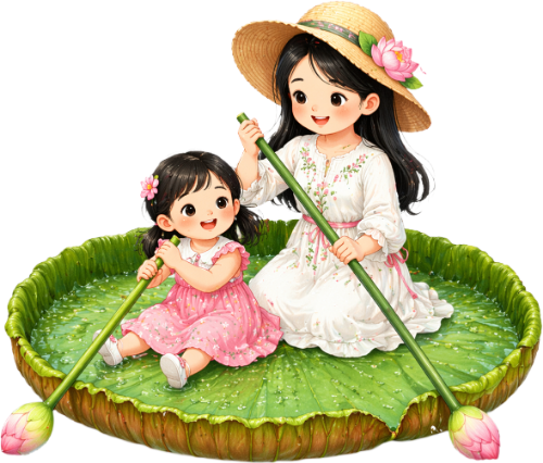 Mẹ, em bé, chèo thuyền