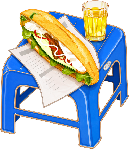 Ghế nhựa, bánh mì, trà đá