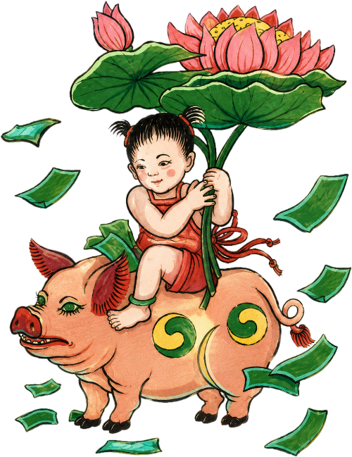 Tranh đông hồ, em bé cưỡi lợn